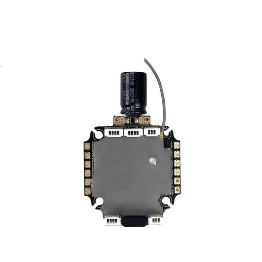 DarwinFPV F411 45A ELRS AIO FC/ESC stack top view with capacitor and antenna wire, 25.5x25.5mm