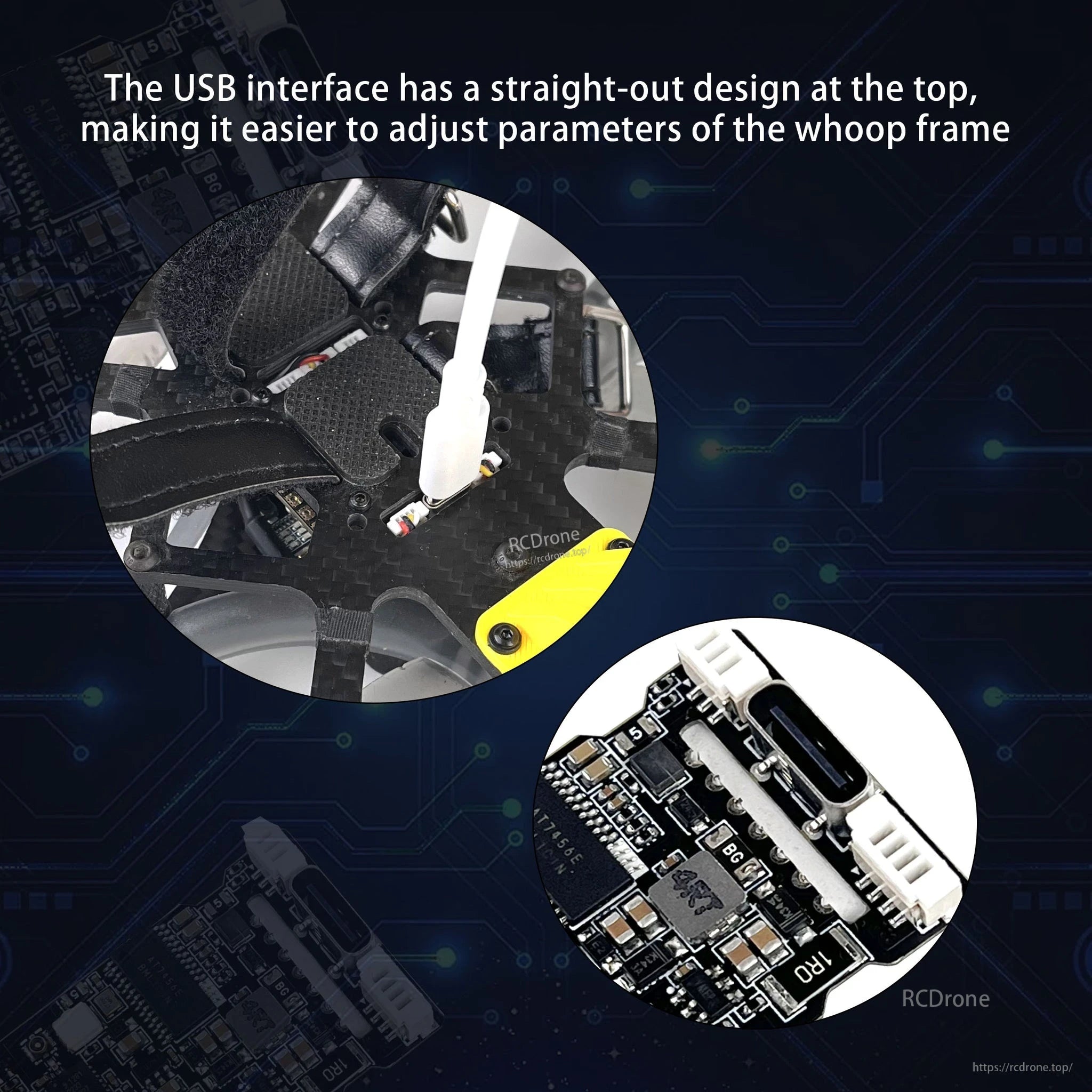 Top-facing USB Type-C port on the FC for easy access during setup in whoop-style frames