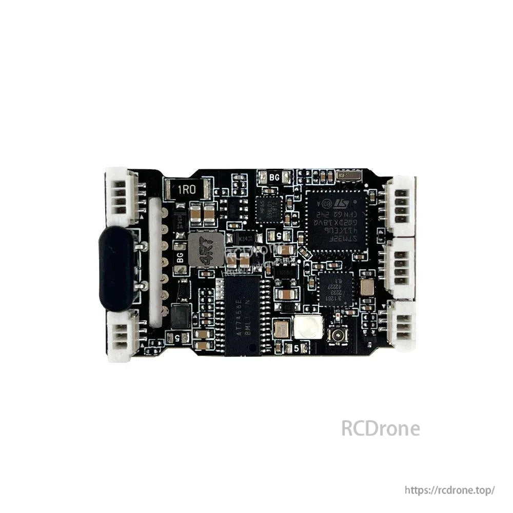 Component-side close-up showing USB Type-C port and white JST connectors on the flight controller board