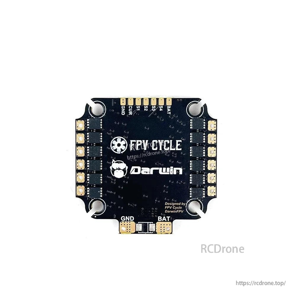 DarwinFPV F411 45A ELRS AIO board underside with FPV CYCLE/Darwin logos and labeled solder pads