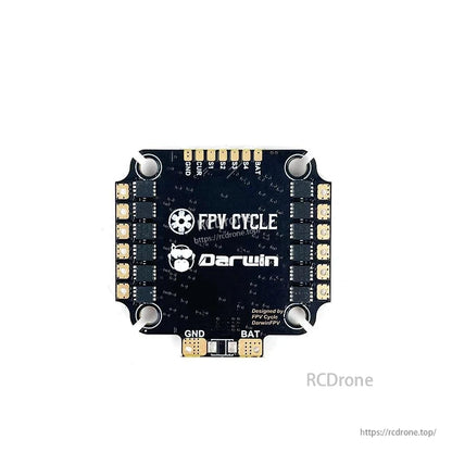 DarwinFPV F411 45A ELRS AIO board underside with FPV CYCLE/Darwin logos and labeled solder pads