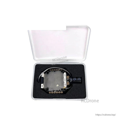 Product packed in clear plastic storage box with foam insert, board and capacitor secured inside