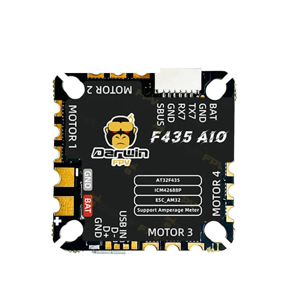 DarwinFPV F435 45A AM32 AIO flight controller top view with motor pads and SBUS/ UART plug