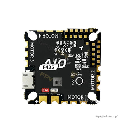 F435 AIO solder pad labels close-up showing TX/RX, SBUS, 4.5V, and motor outputs