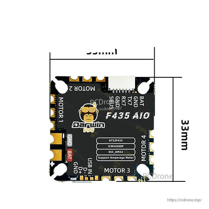 DarwinFPV F435 45A AM32 AIO flight controller dimensions diagram showing 33mm size
