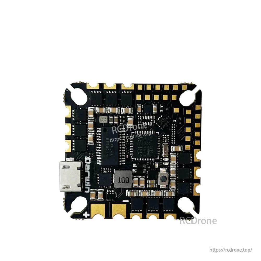 Underside close-up of F435 AIO flight controller with USB port and main processor