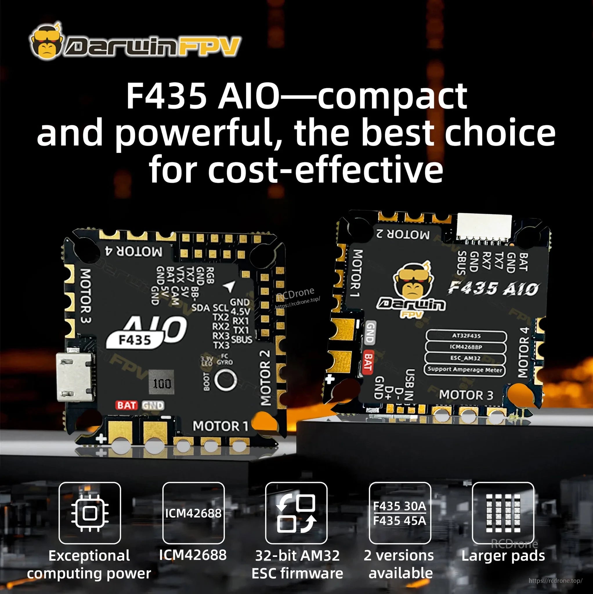 DarwinFPV F435 45A AM32 AIO Flight Controller with integrated 4-in-1 ESC, compact 25.5×25.5mm layout