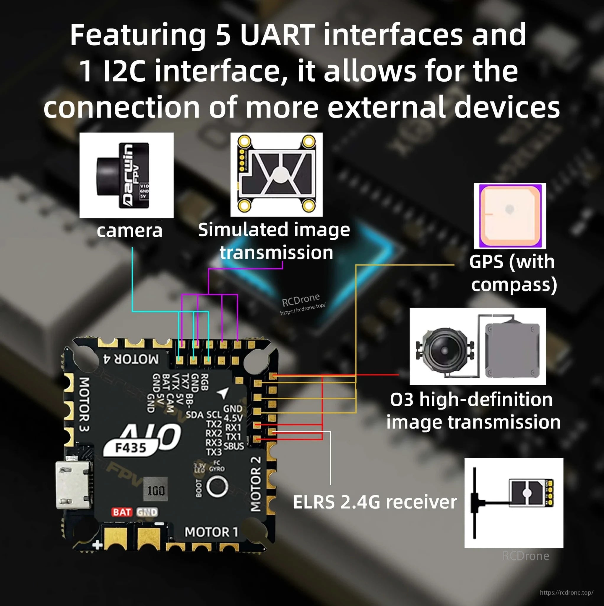 UART and I2C connectivity overview for DarwinFPV F435 AIO, supporting camera, GPS/compass, O3 VTX, and ELRS