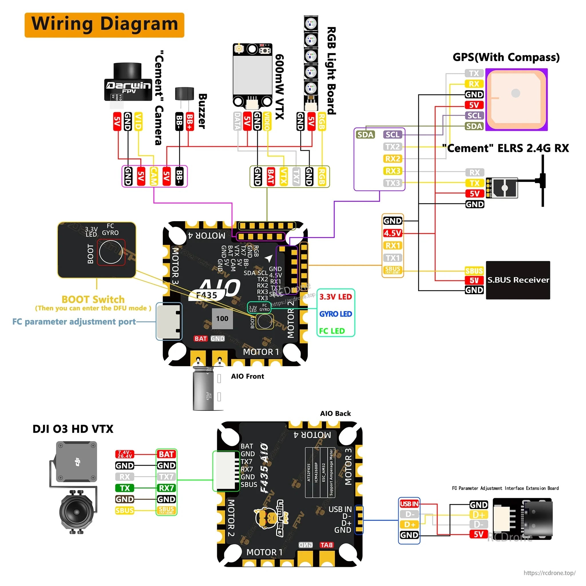 Wiring diagram for DarwinFPV F435 45A AM32 AIO flight controller showing pads for camera, GPS, ELRS, buzzer, and DJI O3
