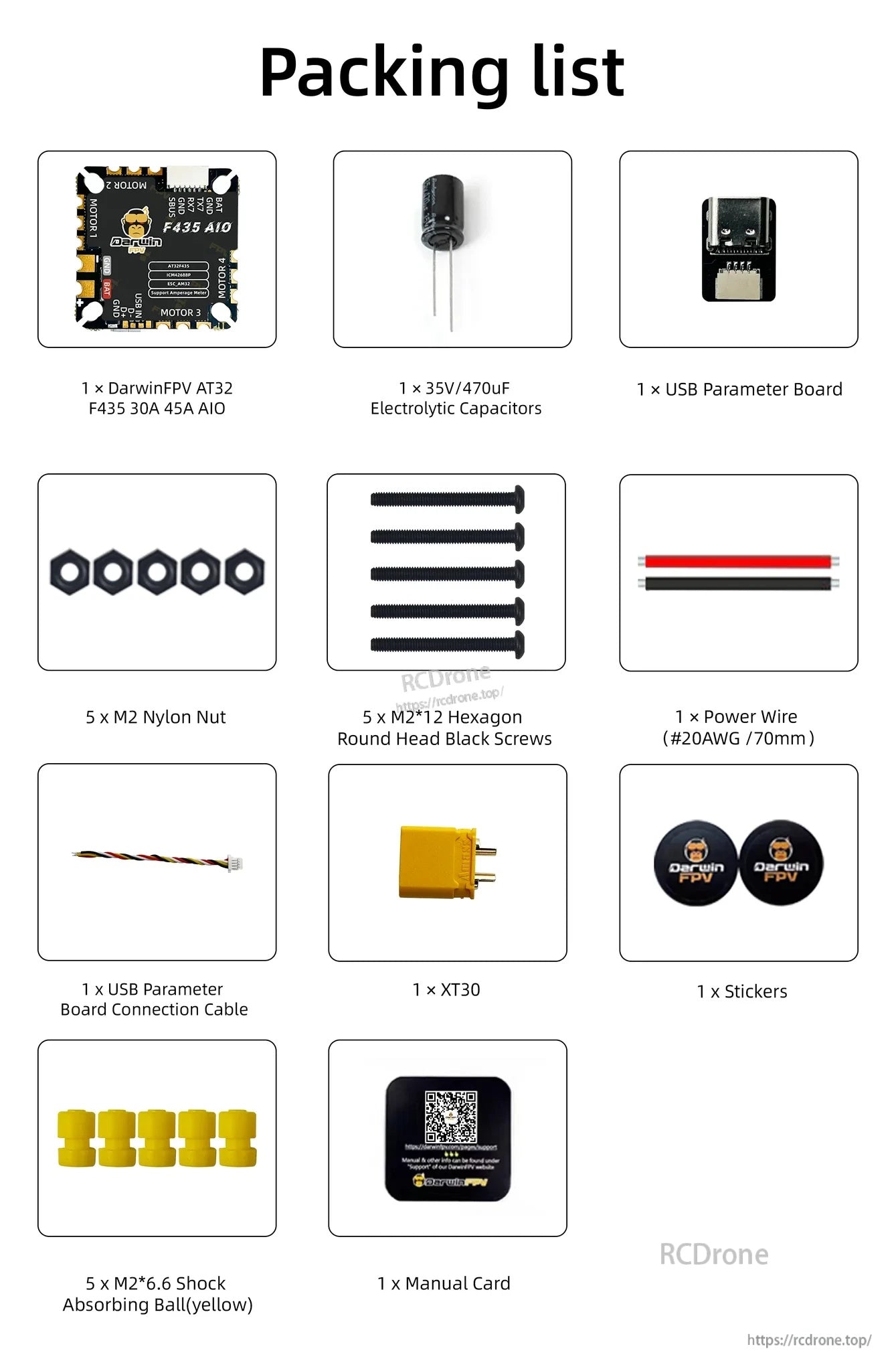 Packing list for DarwinFPV F435 45A AM32 AIO flight controller kit with capacitor, USB board, XT30, screws, and hardware