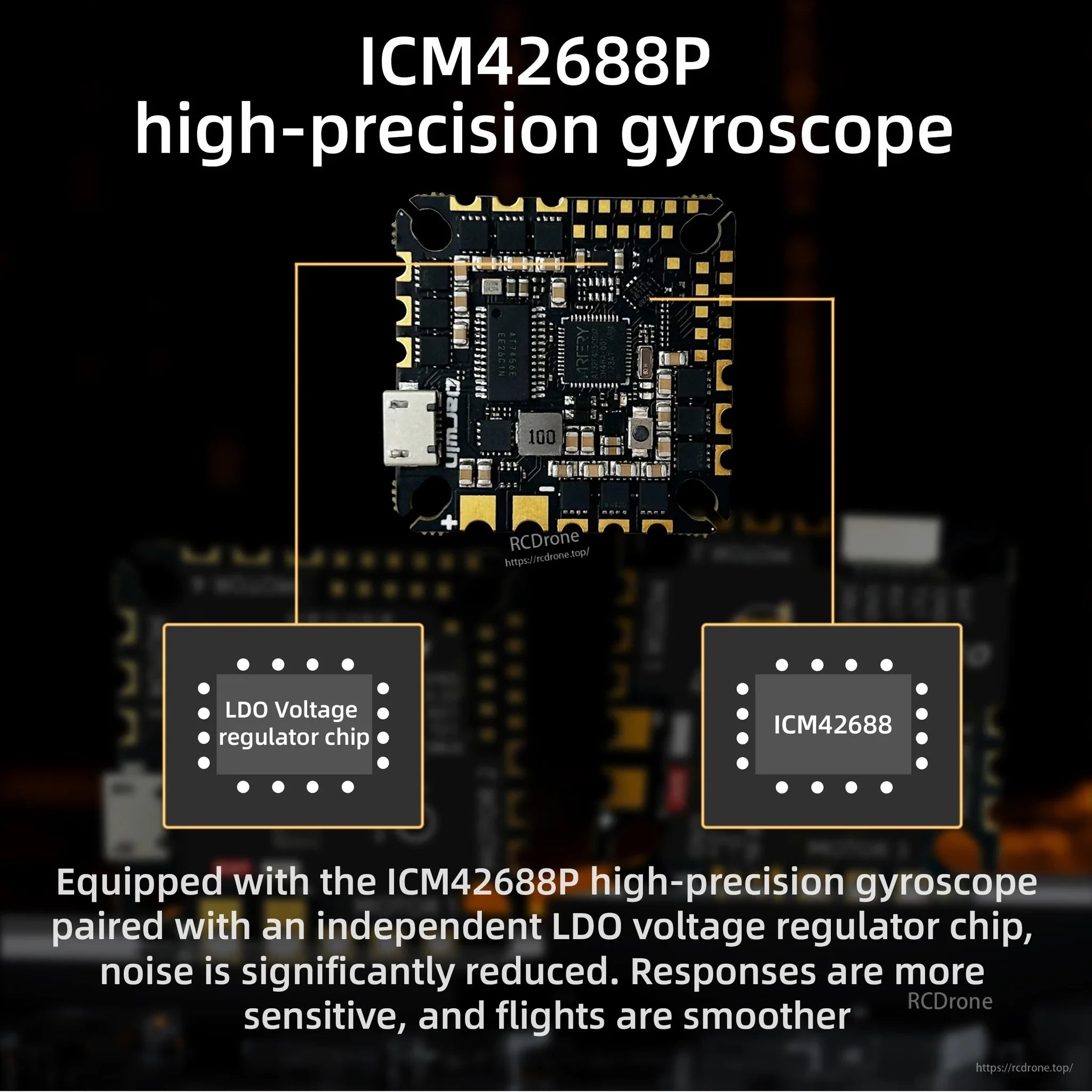 ICM42688P gyro and independent LDO regulator callouts on the DarwinFPV F435 AIO board layout