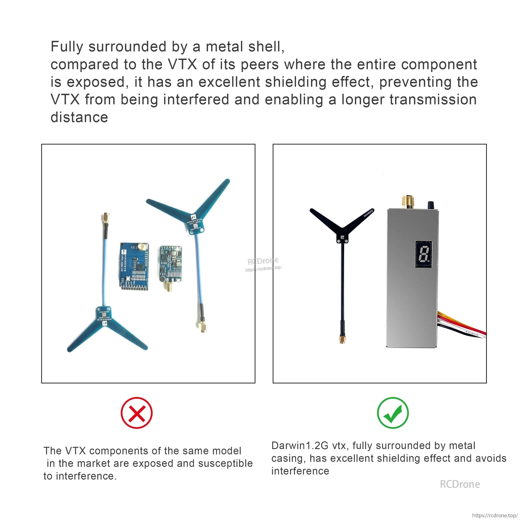 Metal-shell 1.2G VTX shielding comparison, highlighting enclosed casing to reduce interference