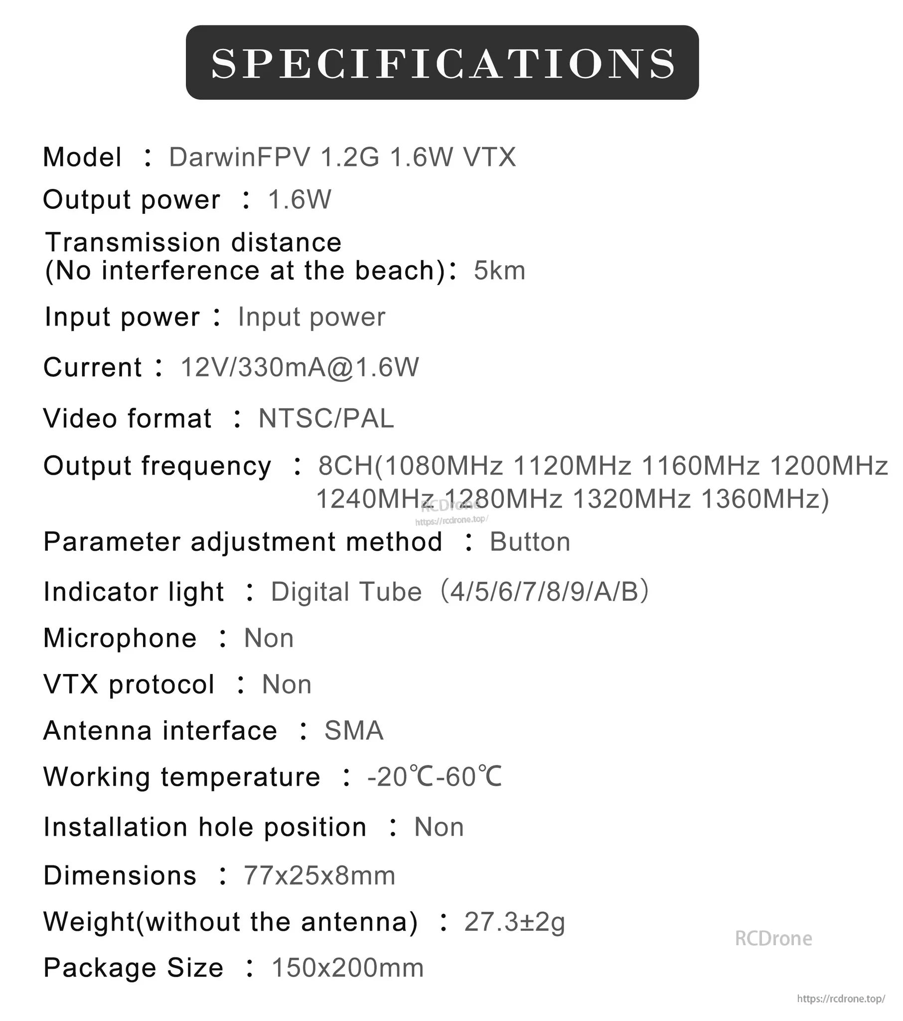 DarwinFPV 1.2G 1.6W VTX specifications: 8 channels (1080–1360MHz), NTSC/PAL, 12V input, SMA