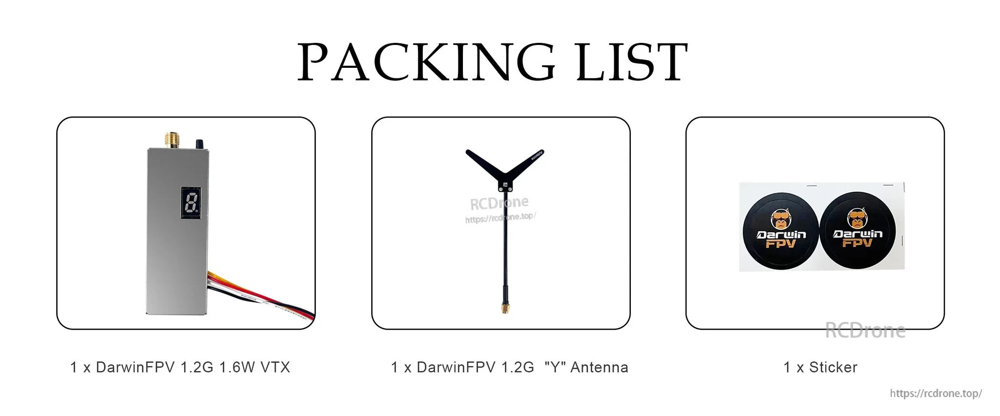 Packing list: DarwinFPV 1.2G 1.6W VTX, 1.2G Y antenna, and sticker included
