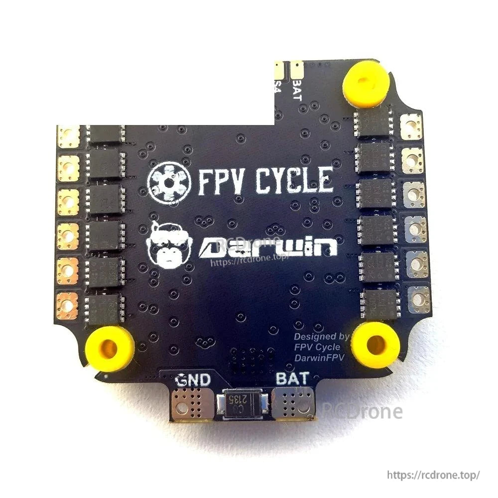 ESC underside with FPV CYCLE and DarwinFPV logo, BAT and GND solder pads visible