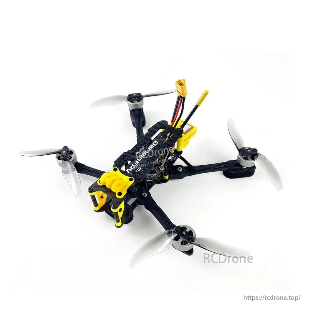 Angled view of quadcopter showing front mounting bracket, wiring, and propeller layout