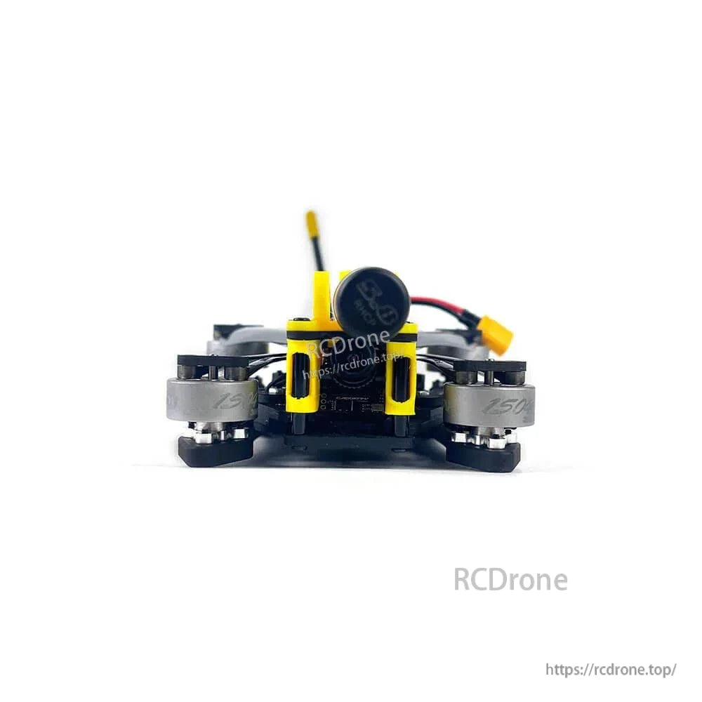 Front view close-up of FPV camera housing and motor ends on compact folded drone