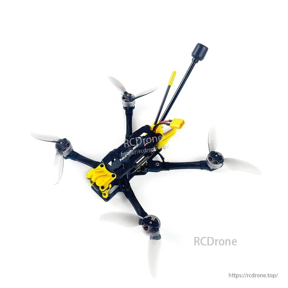 DarwinFPV FoldApe4 drone angled top view showing quad arms, props, and dual antennas