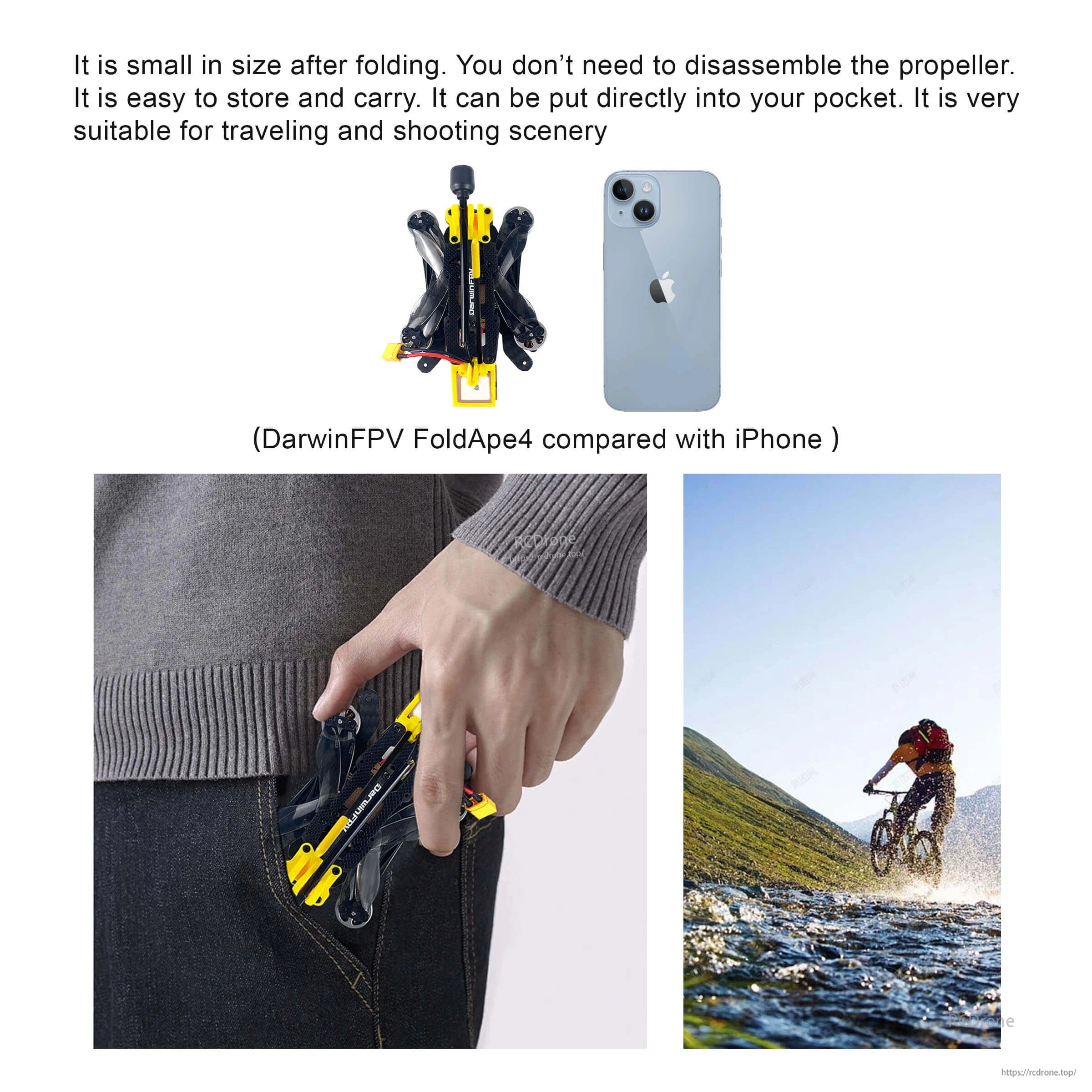 DarwinFPV FoldApe4 folded size comparison next to iPhone, pocketable 4-inch long-range FPV drone