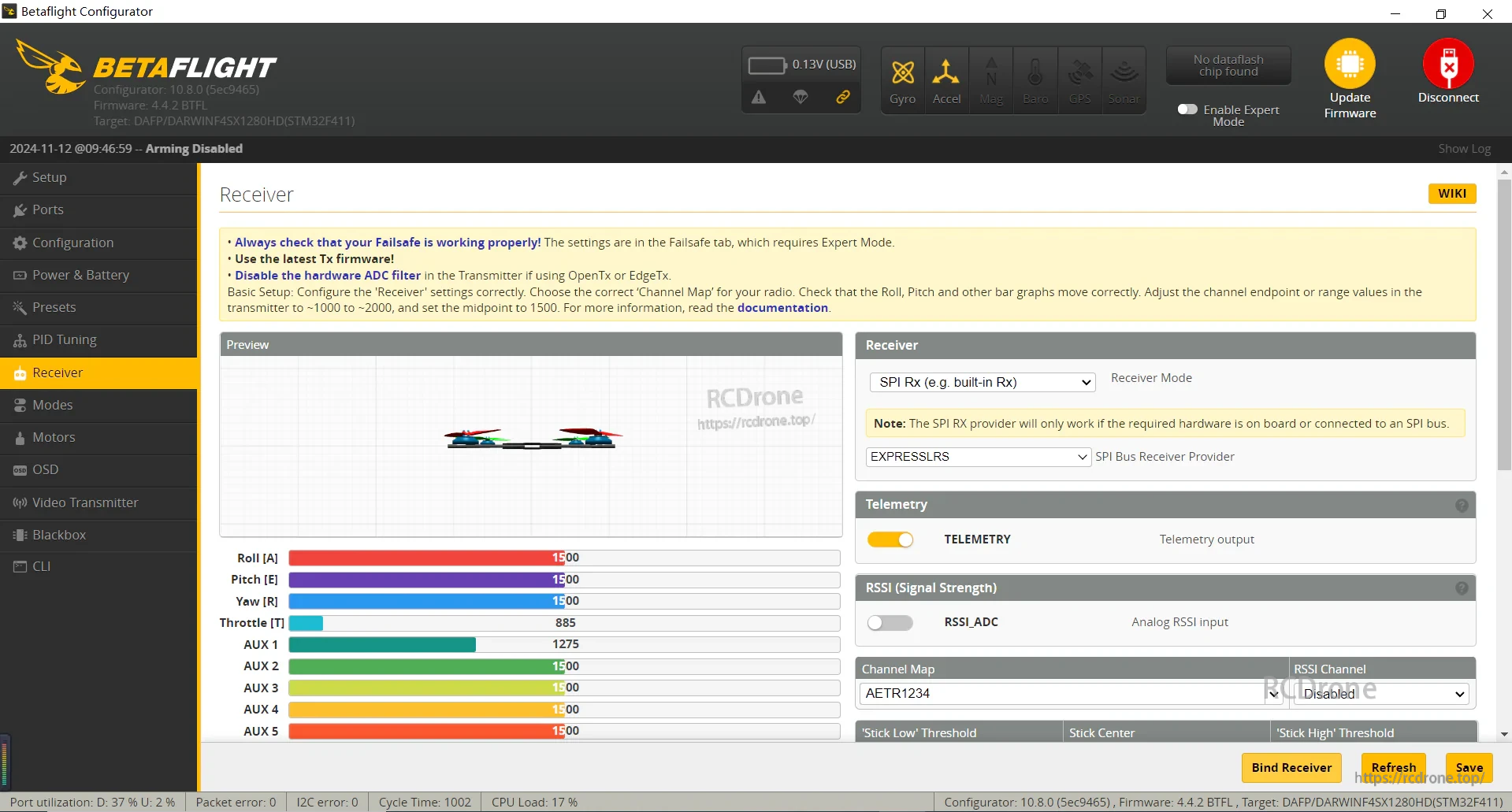 Betaflight configurator Receiver tab screenshot for ELRS setup and channel input verification