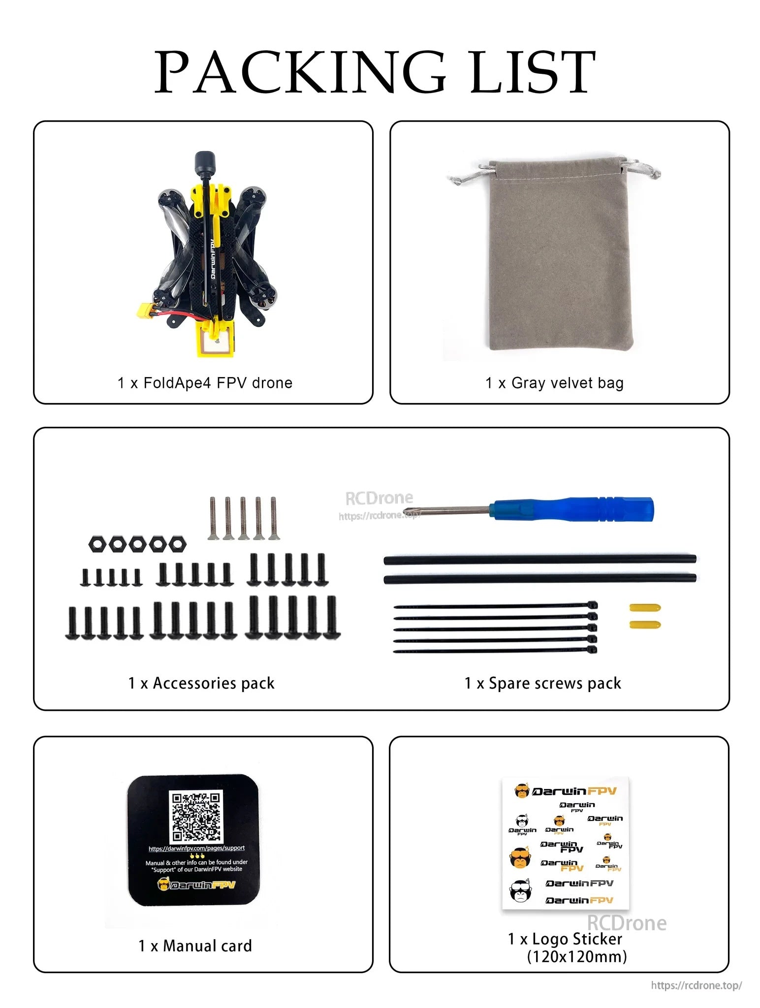 FoldApe4 packing list showing drone, gray velvet bag, accessories, spare screws, manual card, and logo sticker