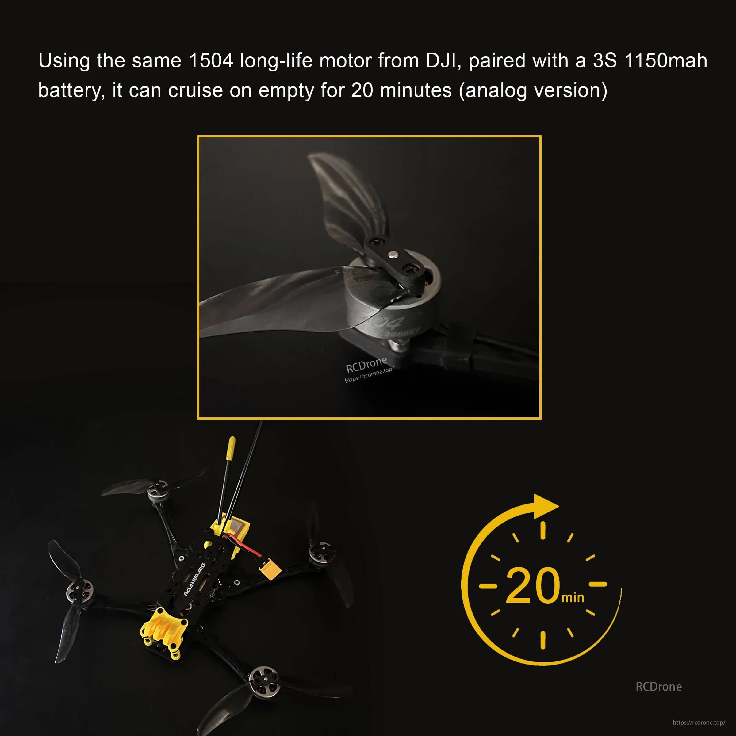 FoldApe4 motor and prop detail highlighting 1504 long-life motor and up to 20-minute cruise with 3S 1150mAh