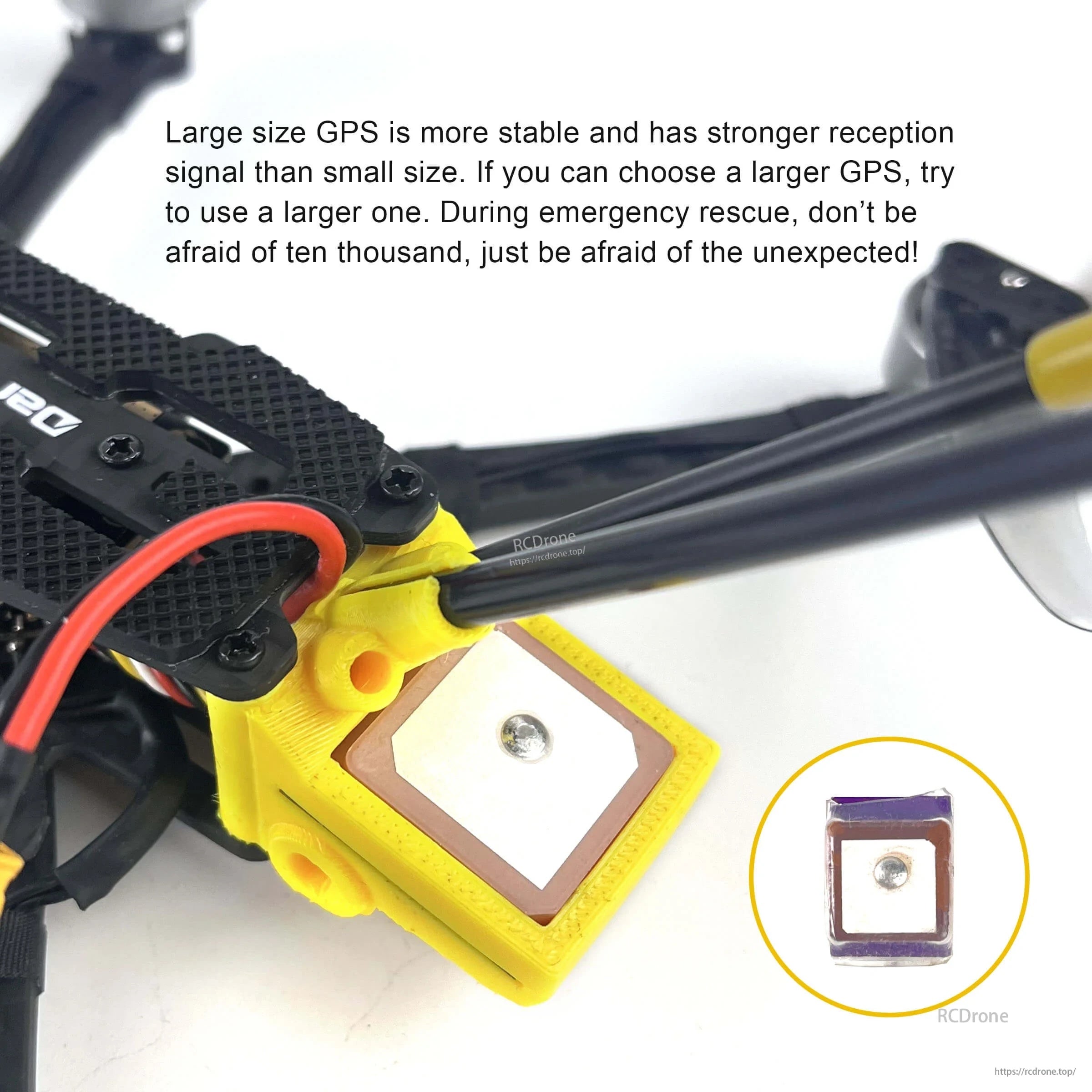 Large GPS module mount on FoldApe4 with close-up of GPS patch antenna for stronger reception