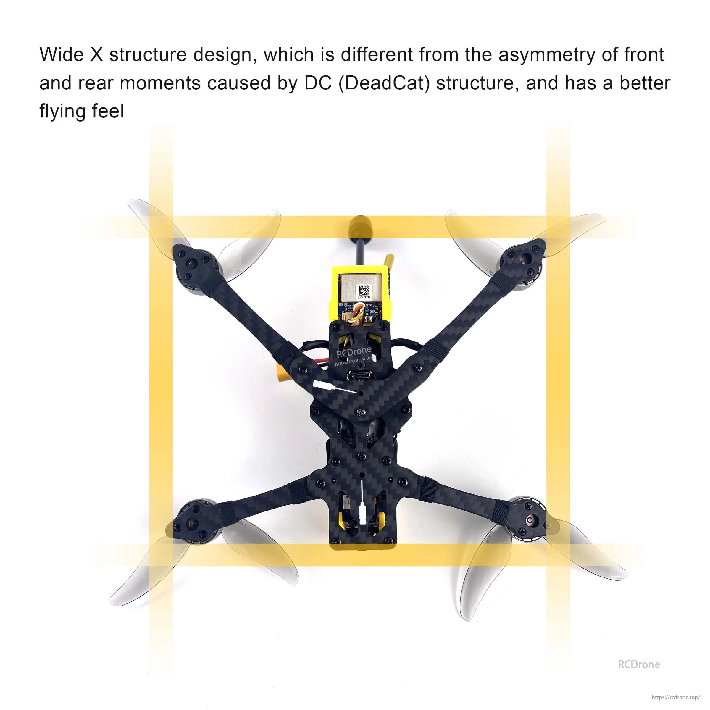Top view of FoldApe4 wide X frame layout illustrating balanced motor spacing for stable flight feel