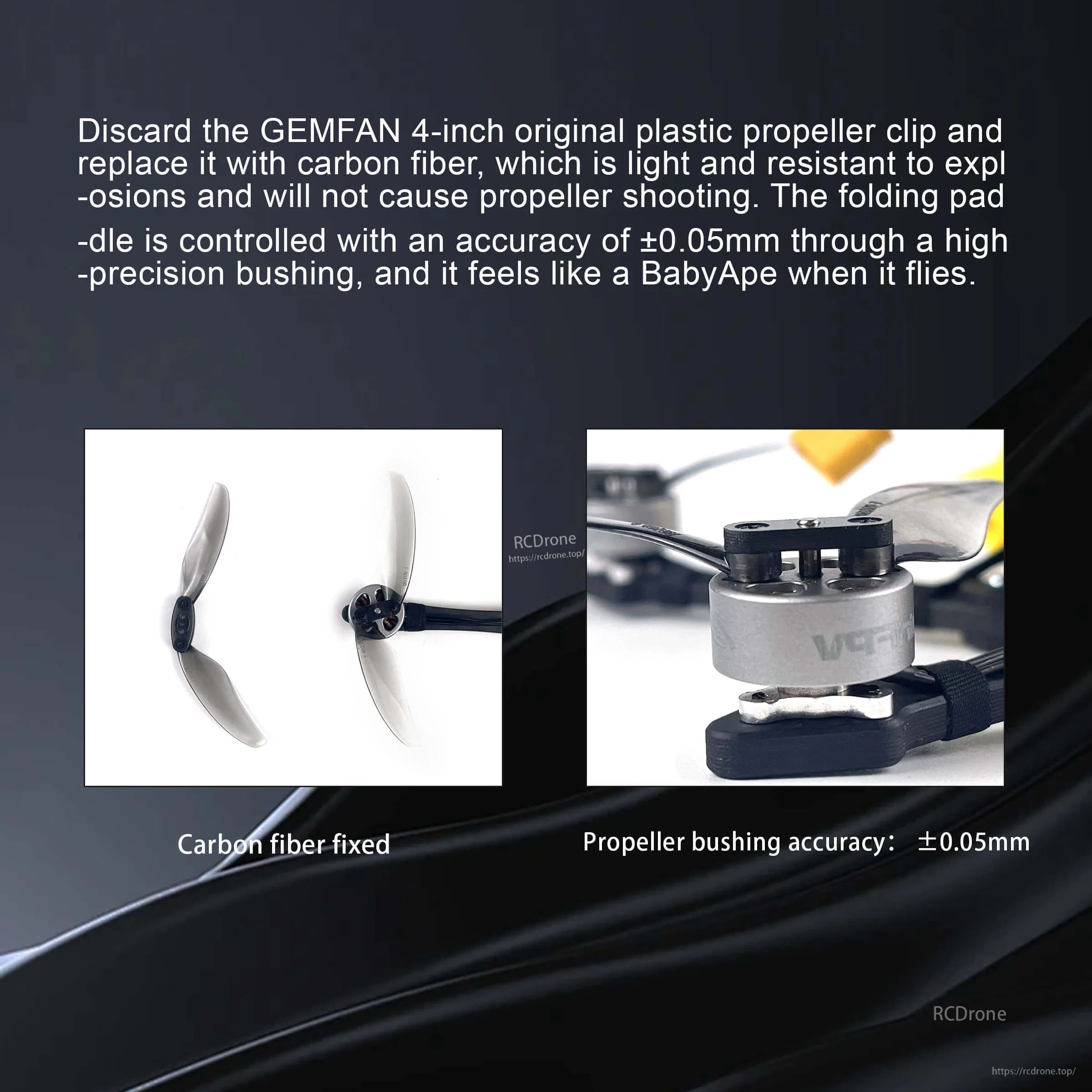 Carbon fiber propeller clamp and precision bushing detail for FoldApe4 folding prop mount (±0.05 mm)