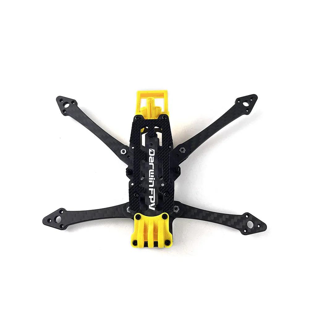 DarwinFPV FoldApe4 analog foldable 4-inch DeadCat FPV drone frame assembled, top view with yellow TPU parts