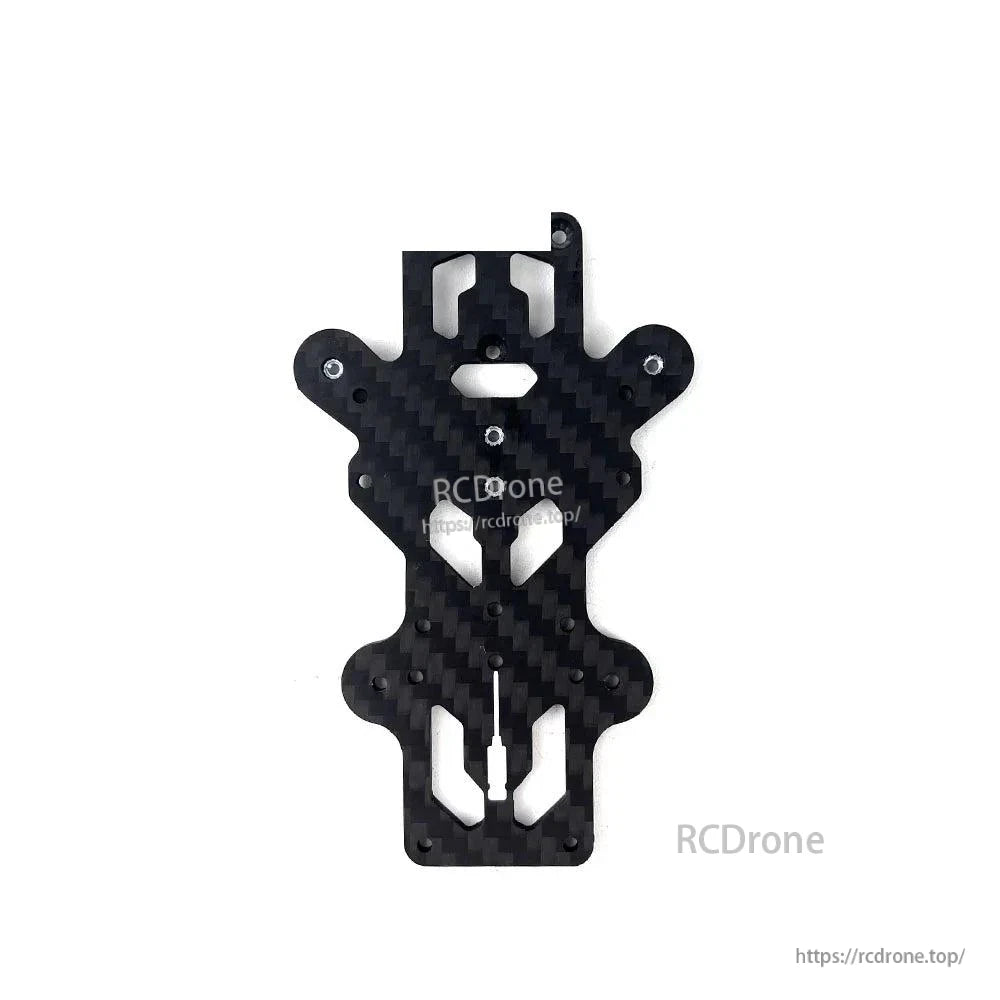 Carbon fiber center plate for FoldApe4 frame, underside view with mounting slots and cutouts