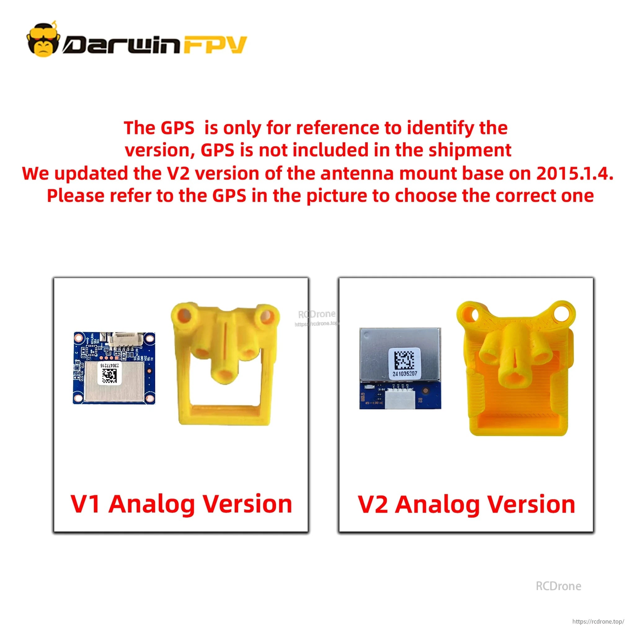 V1 vs V2 antenna mount base comparison for FoldApe4 analog frame (GPS board reference only, not included)