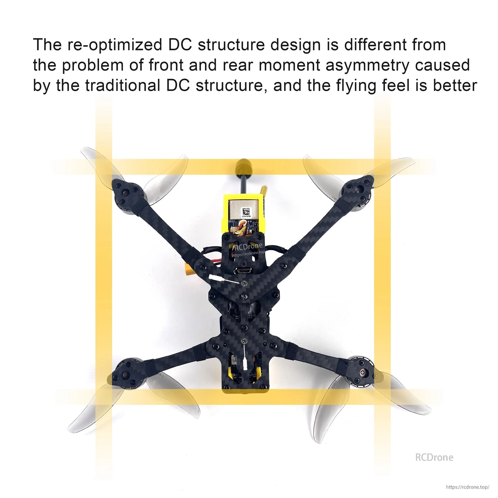 Top view of FoldApe4 DC DeadCat layout with prop positions overlaid to illustrate optimized front/rear symmetry