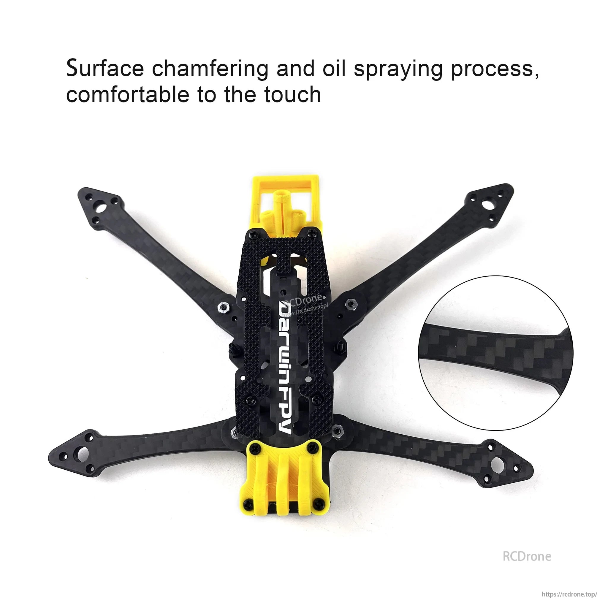 FoldApe4 carbon fiber frame with chamfered edges and smooth surface finish, detail inset of arm plate