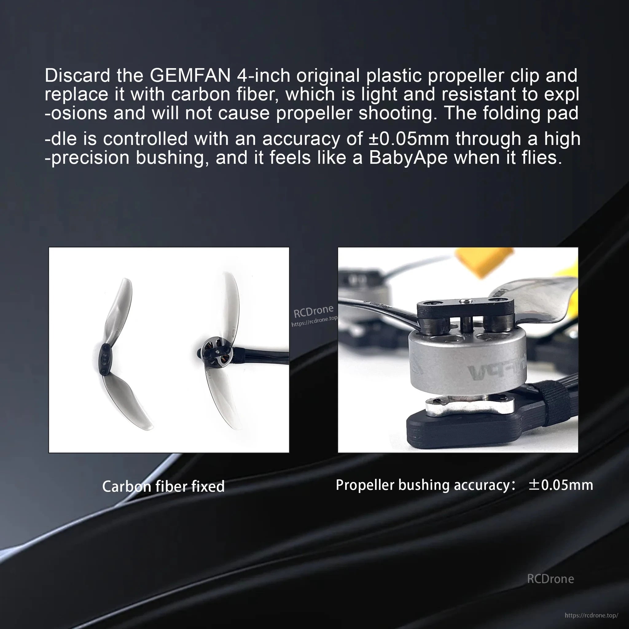 Carbon fiber propeller clamp with high-precision bushing on FoldApe4 arm, replacing plastic prop clip design