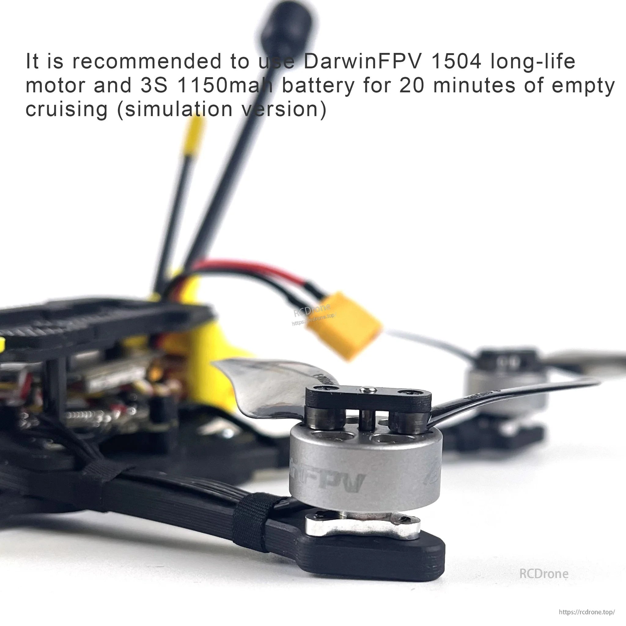 Low-angle close-up of motor mount area on FoldApe4 frame with prop installed and XT30 lead in background