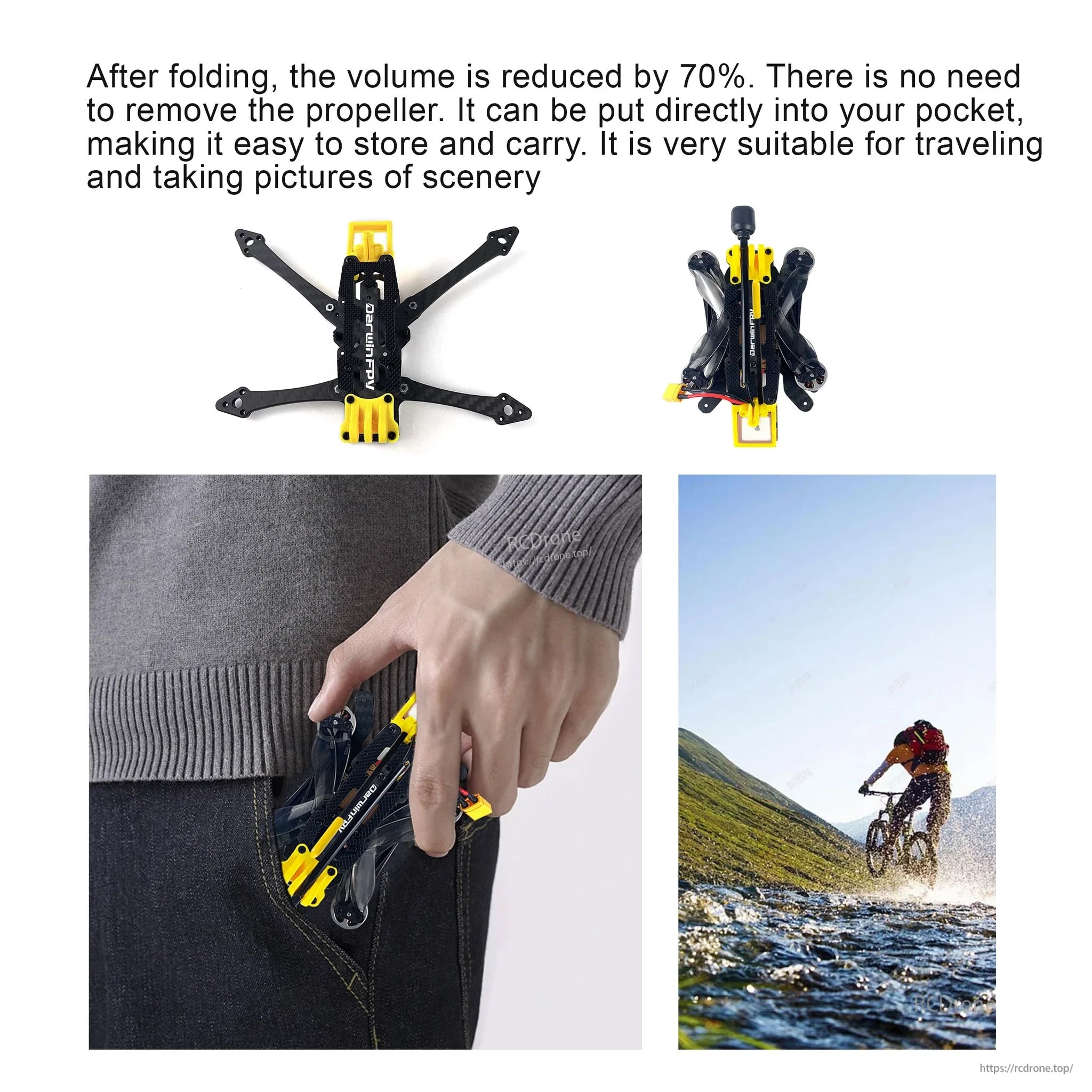 FoldApe4 foldable 4-inch FPV frame in open and folded positions, compact size for storage without removing props