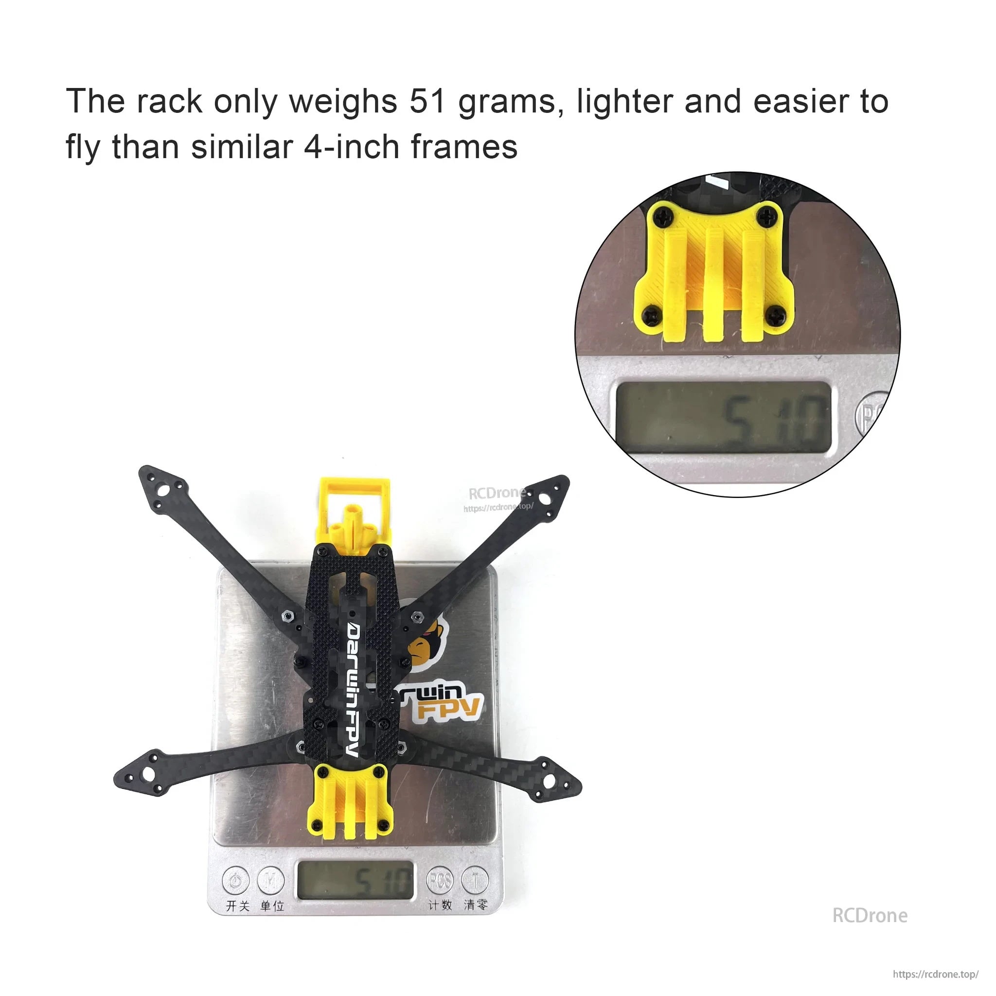 FoldApe4 frame on digital scale showing about 51g lightweight build for a 168mm 4-inch micro FPV frame
