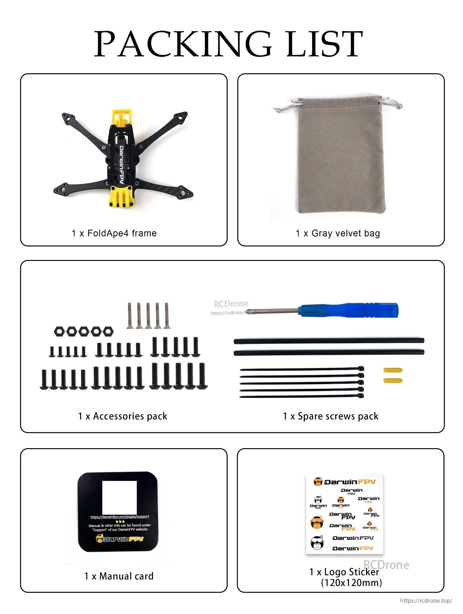 FoldApe4 frame packing list with included frame, gray velvet bag, hardware/accessories pack, spare screws, tools, manual and stickers