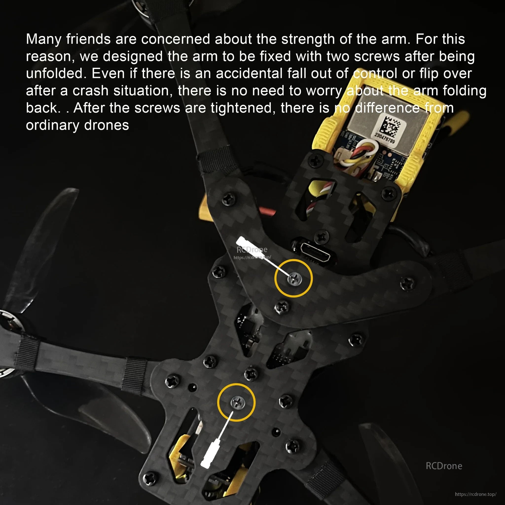 Close-up of FoldApe4 folding arm lock points with two-screw reinforcement on carbon fiber frame