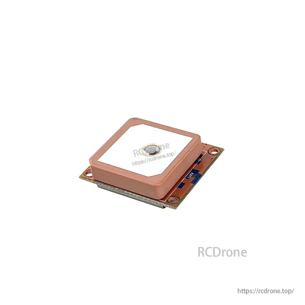 Angled side view of GM8 GPS patch antenna module showing ceramic antenna height and PCB