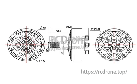 HULK 2204.5 motor mechanical drawing with 12mm mounting pattern, 4×M2 holes, and M5 threaded shaft dimensions