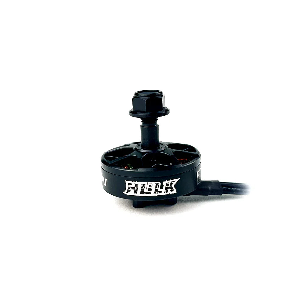 Single motor side view with HULK label and attached lead wires, showing bell vents and shaft nut