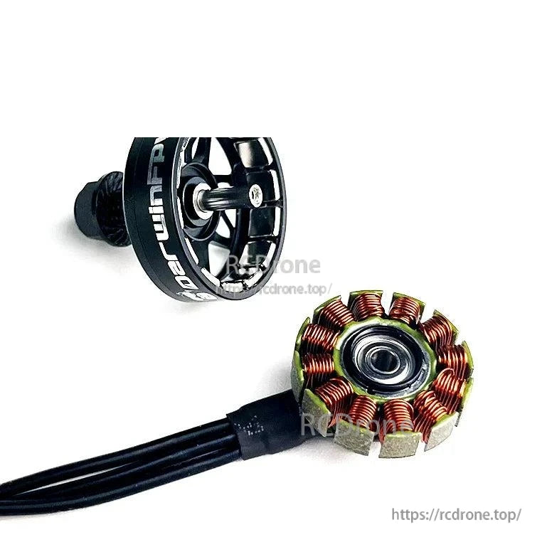 Exploded motor view showing top bell, exposed stator copper windings, and three lead wires