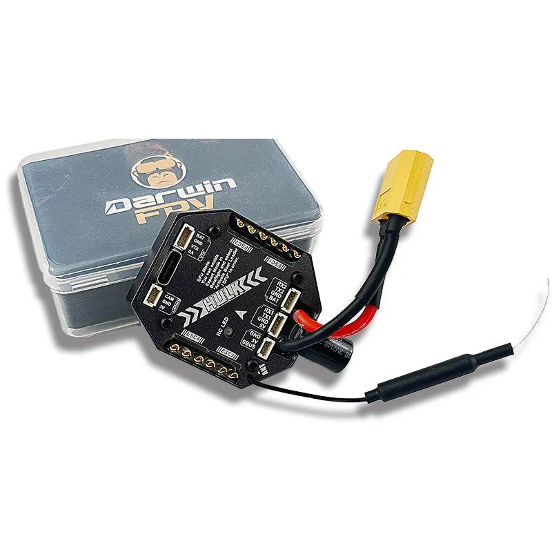 DarwinFPV HULK AIO FC/ESC board with XT60 power lead shown next to DarwinFPV metal case