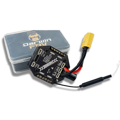 DarwinFPV HULK AIO FC/ESC board with XT60 power lead shown next to DarwinFPV metal case