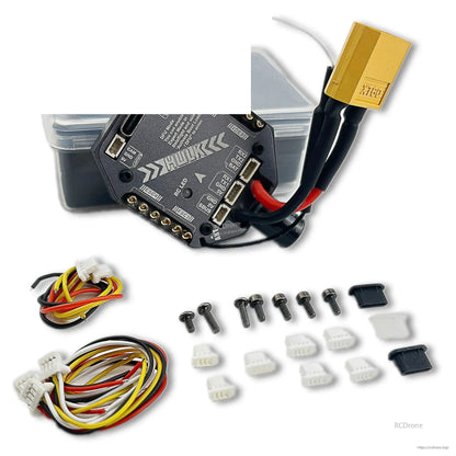 Package contents: HULK AIO flight controller, wire harnesses, screws, and connector plugs