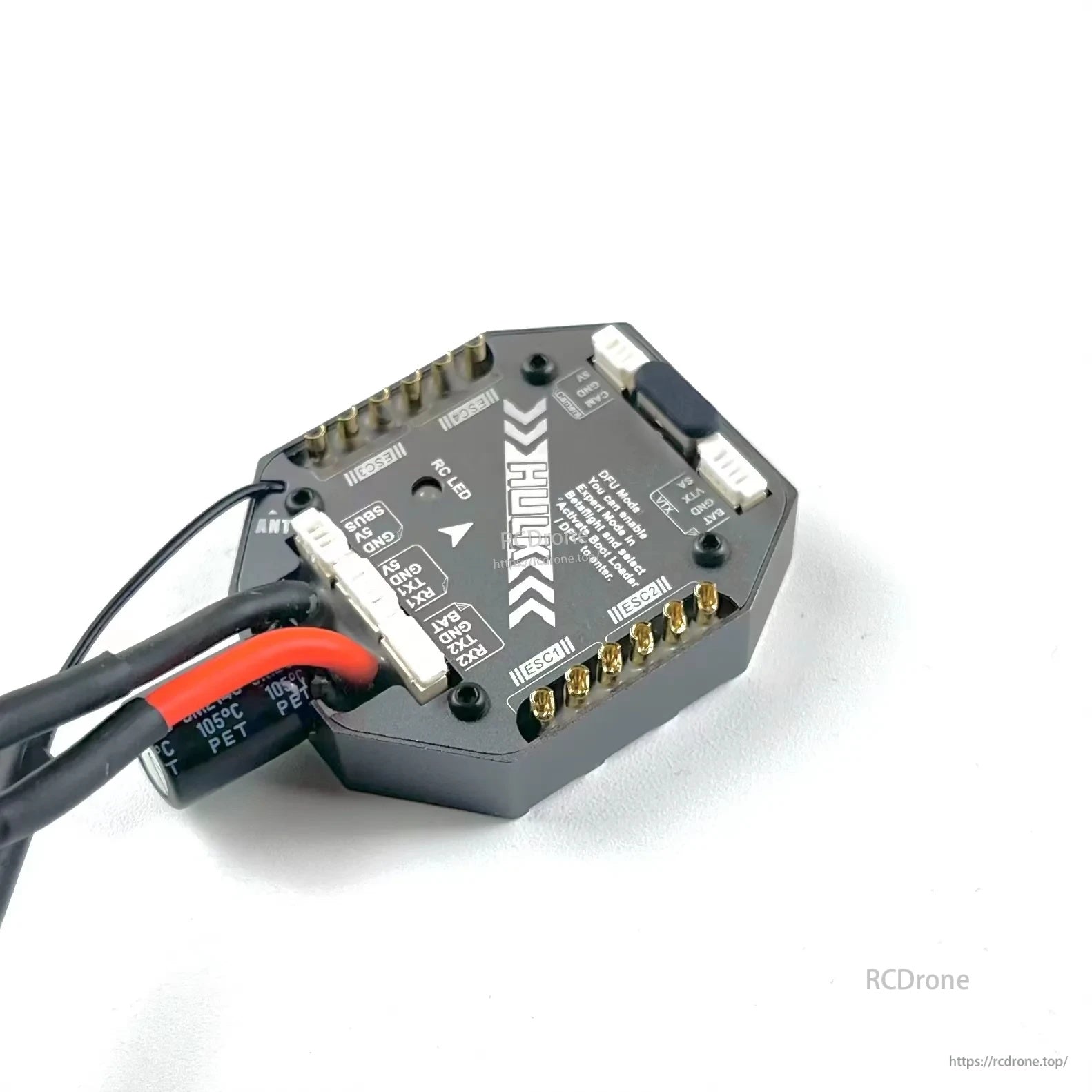 DarwinFPV HULK 45A 3-6S AIO Flight Controller with potted housing, battery leads, and USB-C port