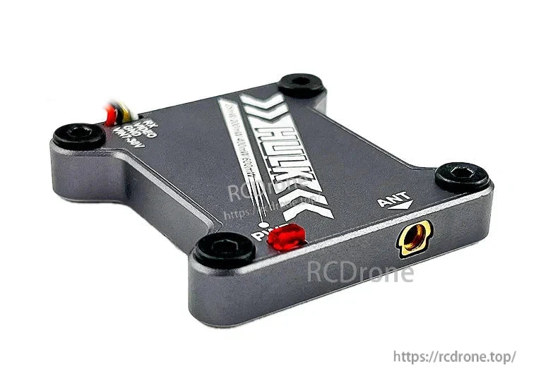 DarwinFPV HULK FPV VTX angled view showing antenna connector port and red status LED