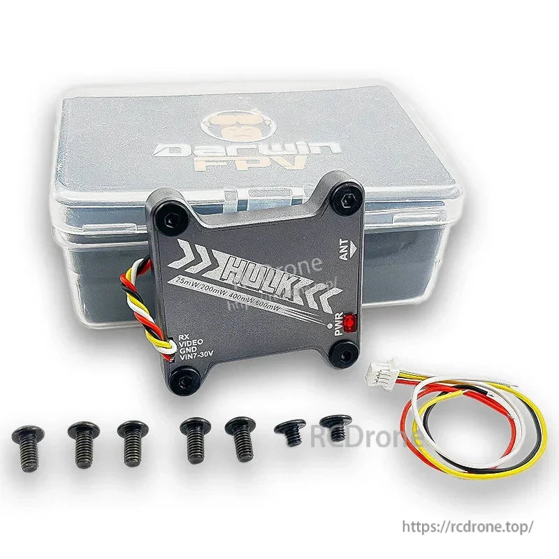 DarwinFPV HULK FPV VTX kit with storage case, mounting screws, and spare wire harness